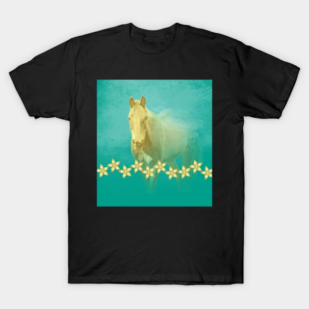 Golden ghost horse on teal T-Shirt by hereswendy